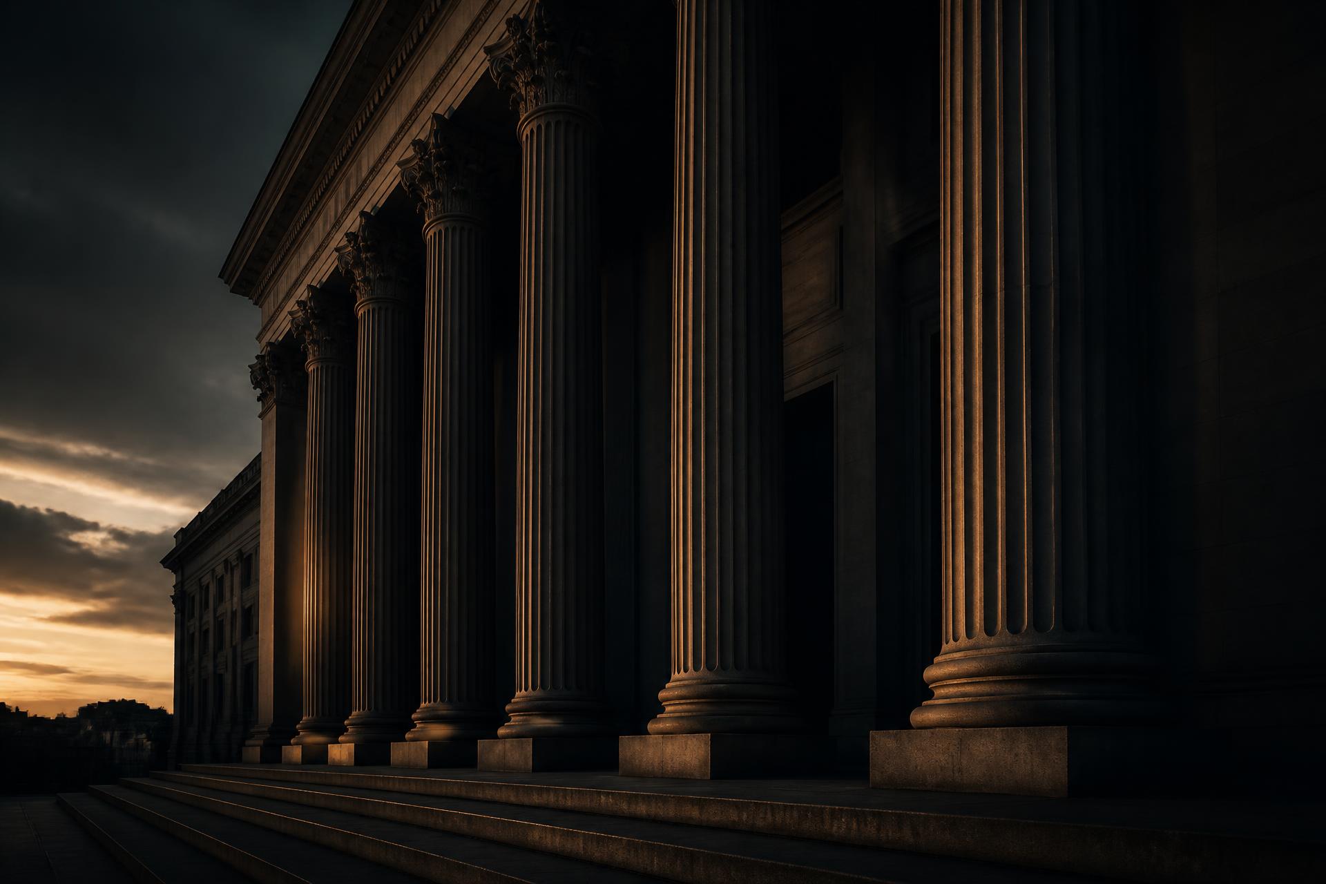 Neoclassical courthouse colonnade at dusk
